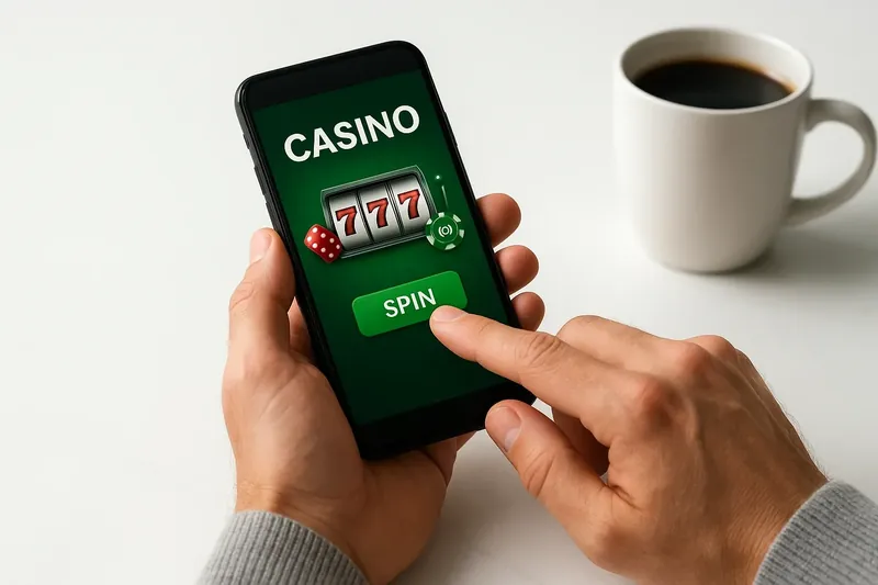 Man's hands tapping a mobile casino interface on a phone