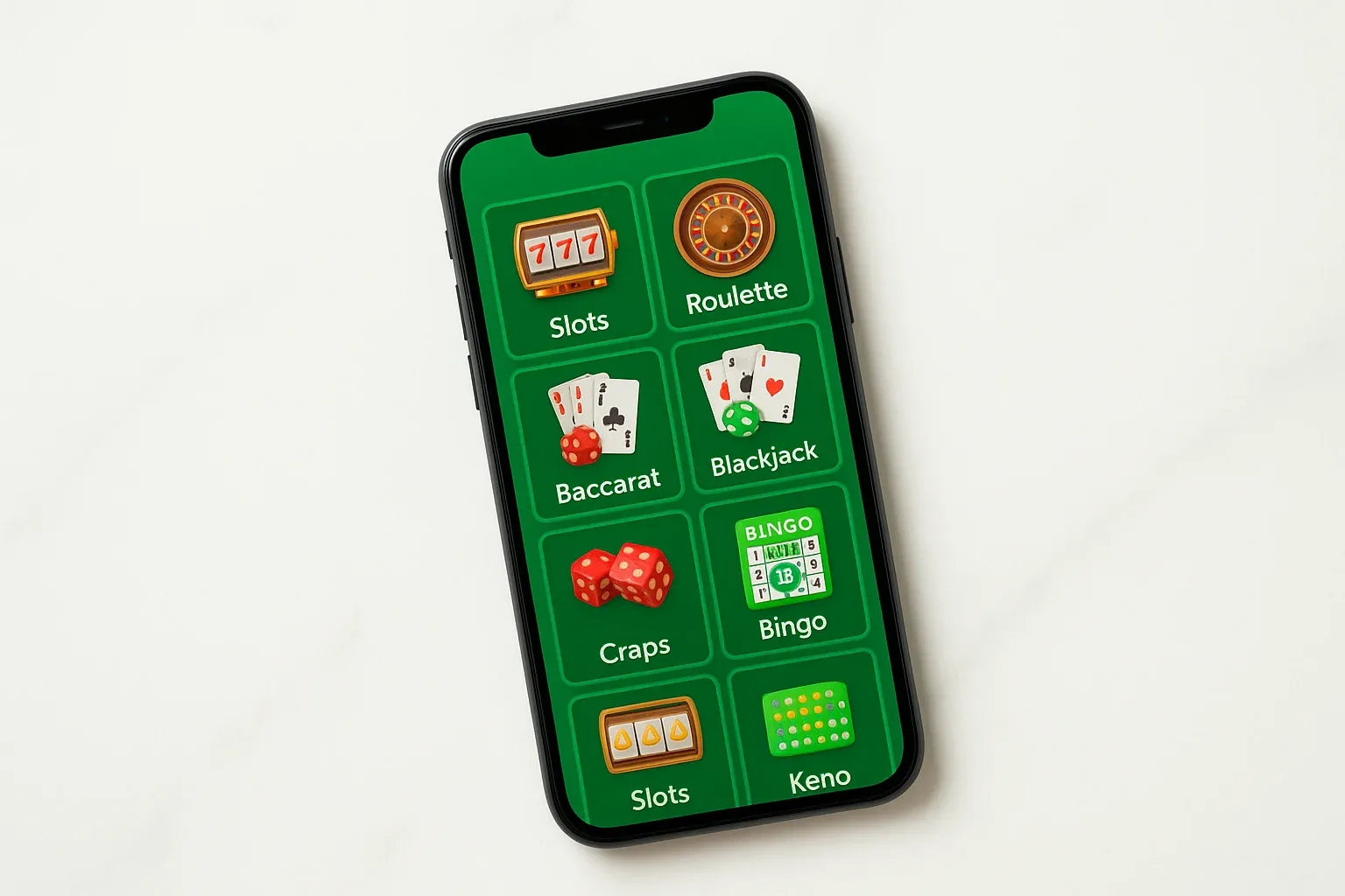Smartphone on white marble showing bright casino game selection grid