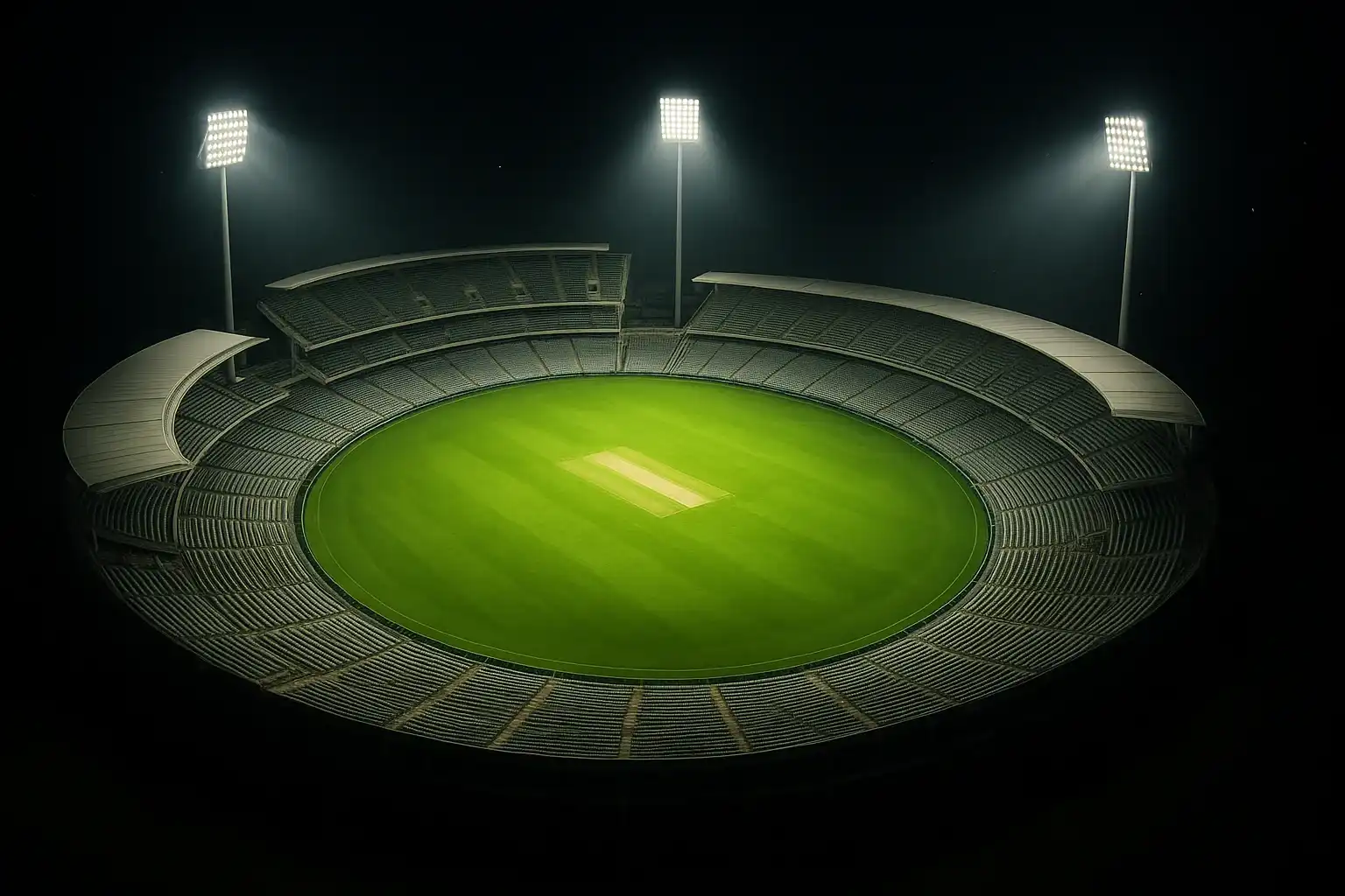 Aerial view of cricket stadium at night with bright floodlights