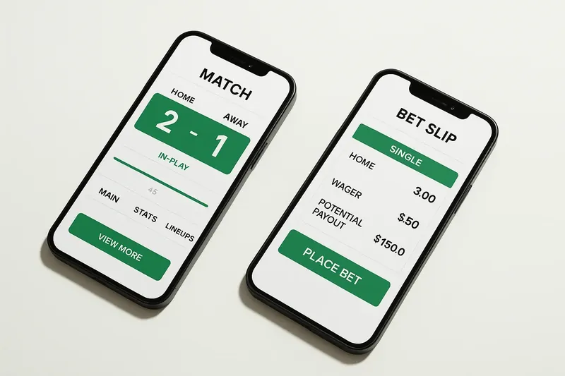 Two smartphones on cream surface showing match dashboard and bet slip
