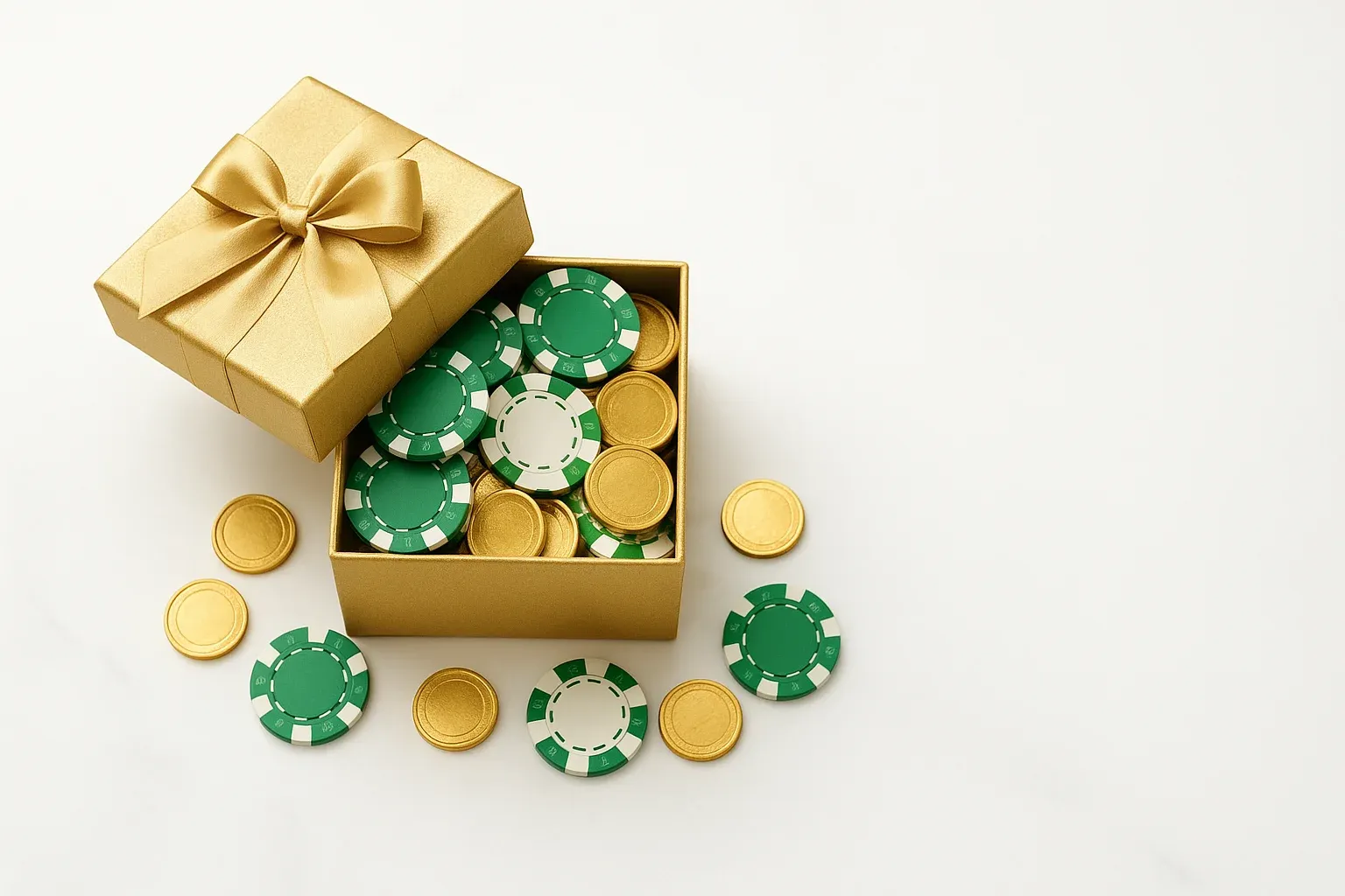Golden gift box overflowing with poker chips and gold coins