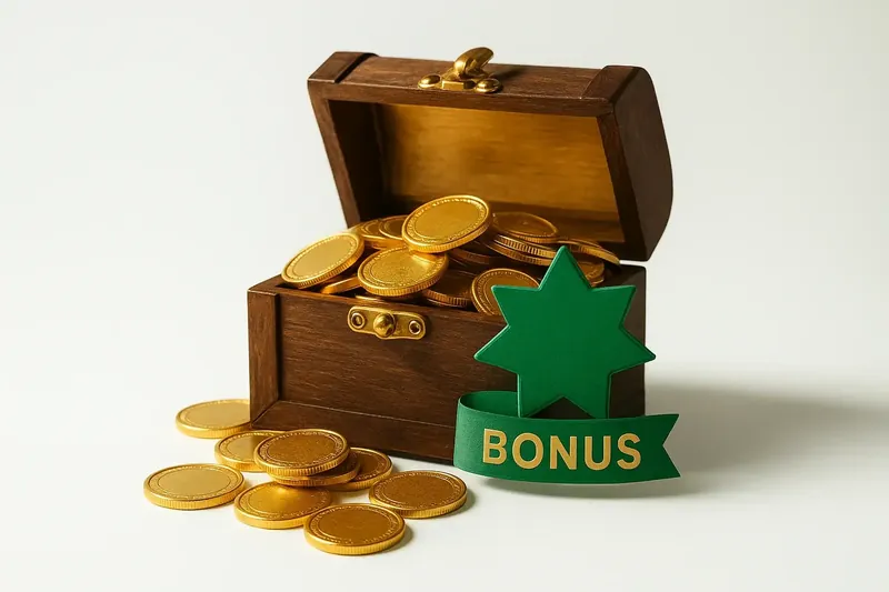 Open treasure box spilling gold coins with star badge and bonus ribbon