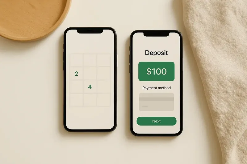 Two smartphones on cream background showing game grid and deposit screen