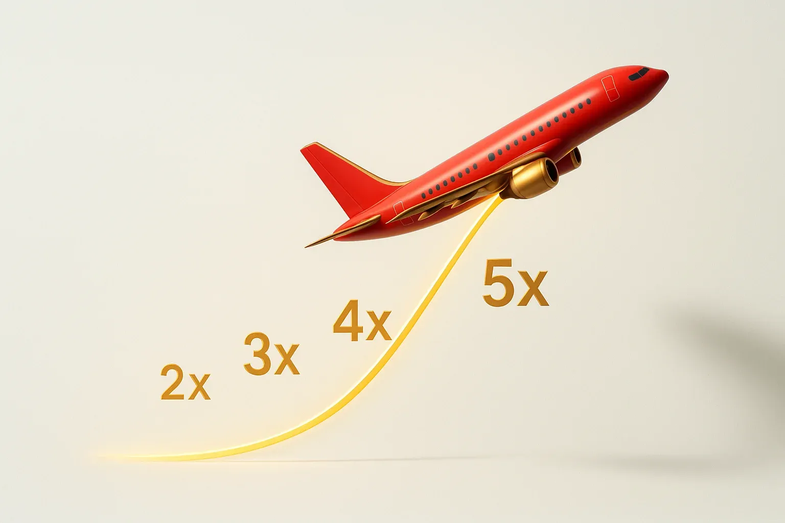 Crash Game Plane Plane ascending with glowing multiplier curve on white background