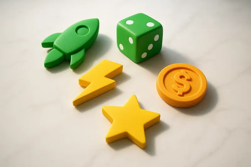 Five 3D instant game symbols on white marble flat lay