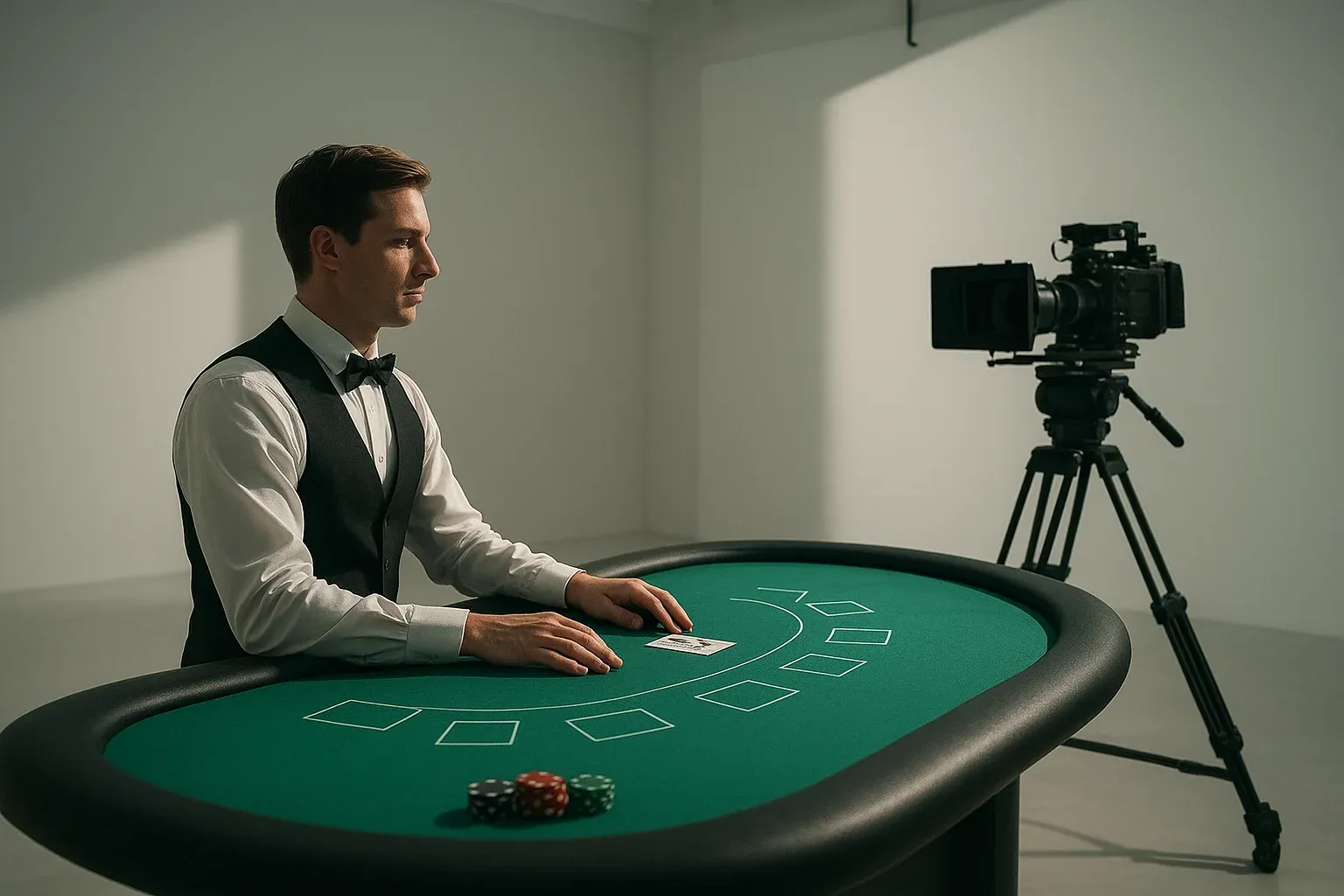 Professional blackjack dealer in live casino studio with camera rig