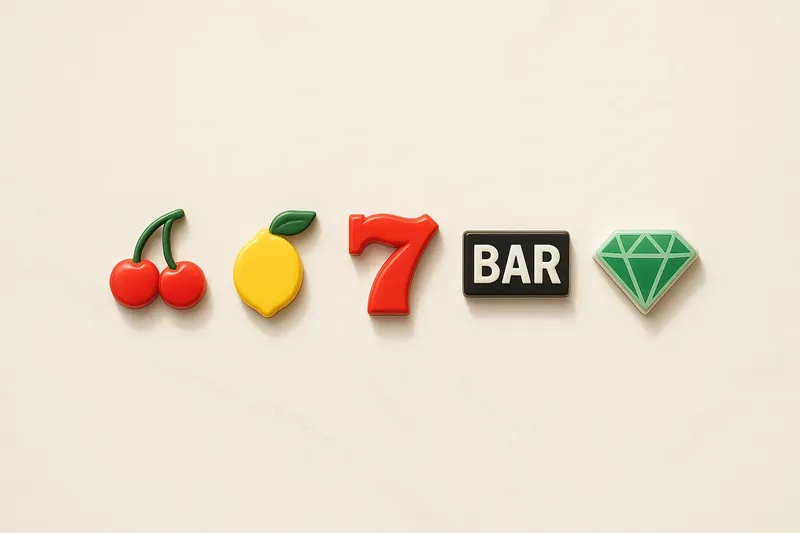 Five polished slot symbols in a neat row on white marble